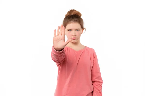 Digo Que Adolescente Chica Muestra Stop Signo Prohibición Símbolo Mantiene —  Fotos de Stock