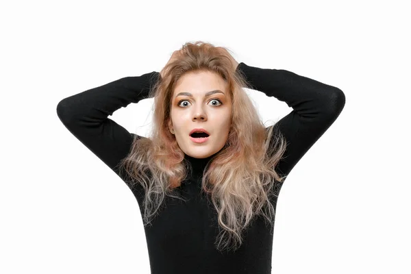 Scared Worried Young Blonde Woman Panicking Holding Hands Head Look — Stock Photo, Image