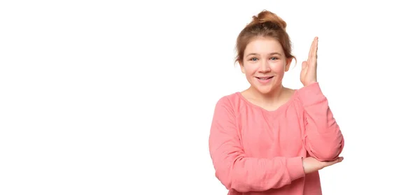 Inteligente Entusiasta Adolescente Menina Levanta Mão Com Sorriso Feliz Para — Fotografia de Stock