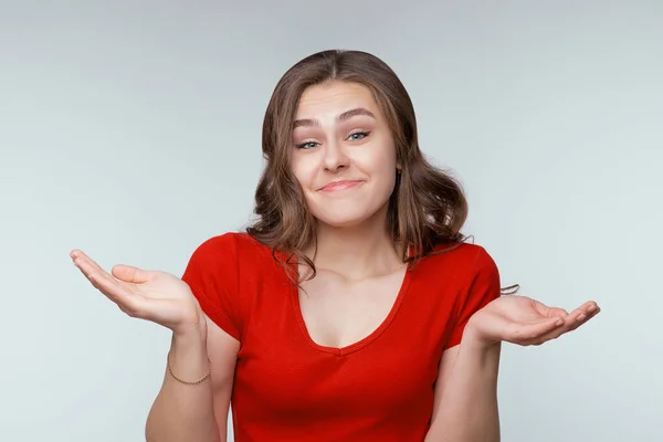 Dont Know Its Confused Young Brunette Woman Shrugging Shoulders Studio — Stock Photo, Image