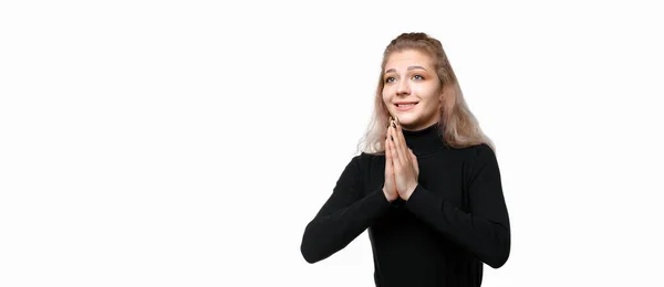 Joven Mujer Esperanzada Rezando Mirando Lado Con Cara Preocupada Suplicando — Foto de Stock