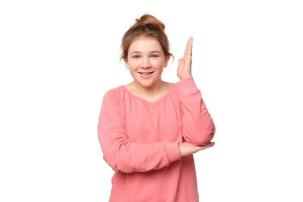 Inteligente Entusiasta Adolescente Levanta Mano Con Una Sonrisa Feliz Para —  Fotos de Stock