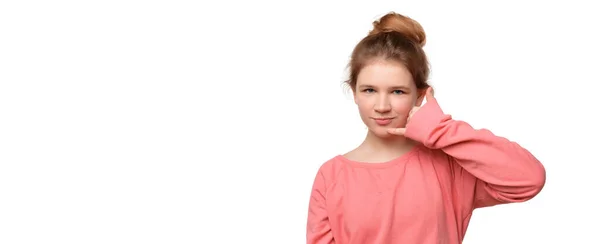 Adolescente Chica Imita Conversación Telefónica Mantiene Mano Cerca Oreja Como —  Fotos de Stock