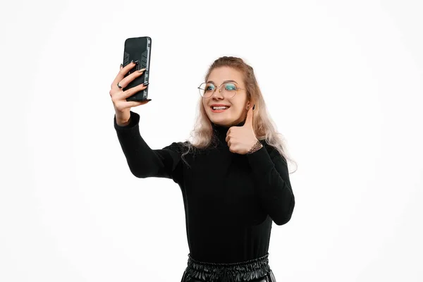 Video Communication Smartphone Young Woman Using Phone Video Call Online — Stock Photo, Image