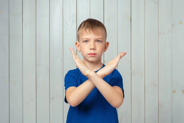 Serious Preteen Boy Blue Shirt Holding Two Arms Crossed Say — Stock Photo, Image