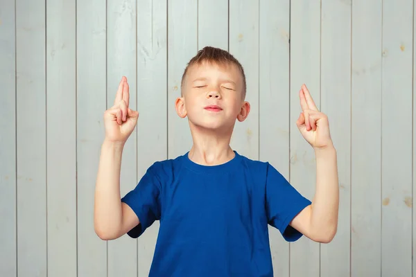 Cute Preteen Boy Blue Shirt Close Eyes Cross Fingers Good — Stock Photo, Image