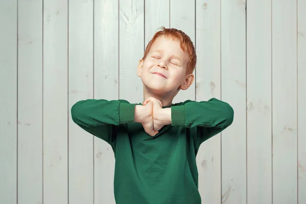 Portrait Dreamy Ginger Little Boy Years Old Making Wish Daydreaming — Stock Photo, Image