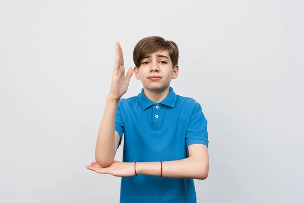 Intelligent Enthusiastic Teen Boy Raises His Hand Happy Smile Attract — Stock Photo, Image