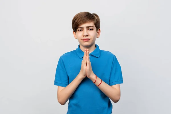 Optimistic Hopeful Teen Boy Praying Hands Held Together Waiting Results — Stock Photo, Image