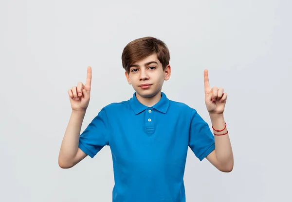 Portrait Charming Boy Years Old Looking Camera Raising Hands Pointing — Stock Photo, Image