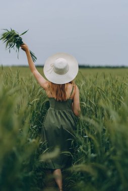 Şapkalı genç bir kadın buğday tarlasında yürüyor, hayattan ve yazdan zevk alıyor. Buğday tarlası. Güneş ışığı altında güzel doğa manzarası. Sağlıklı yaşam tarzı kavramı. Gürültülü görüntü, film tahılı