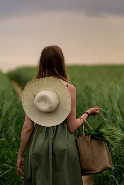Genç bir kadın buğday tarlasında yürüyor, hayatın ve yazın tadını çıkarıyor. Buğday tarlası. Güneş ışığı altında güzel doğa manzarası. Sağlıklı yaşam tarzı kavramı. Gürültülü görüntü, film tahılı