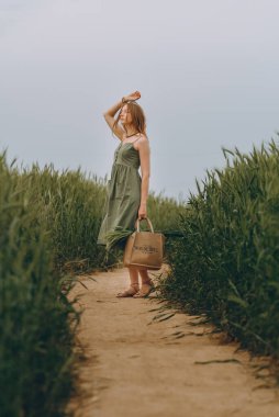 Genç bir kadın buğday tarlasında yürüyor, hayatın ve yazın tadını çıkarıyor. Buğday tarlası. Güneş ışığı altında güzel doğa manzarası. Sağlıklı yaşam tarzı kavramı. Gürültülü görüntü, film tahılı