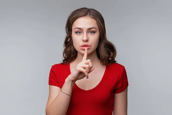 Keep Quiet Serious Young Brunette Woman Hiding Secret Making Hush — Stock Photo, Image