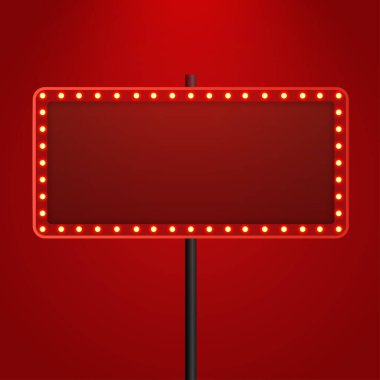 Retro ampul ya da kırmızı arkaplanda eski tip bir tabela. Vektör illüstrasyonu