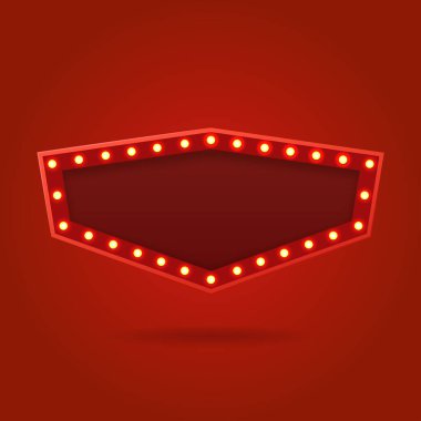 Retro ampul ya da kırmızı arkaplanda eski tip bir tabela. Vektör illüstrasyonu