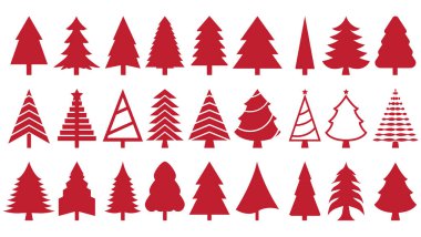 Bir sürü Noel ağacı. Noel kutlaması ve yılbaşı illüstrasyonu için kırmızı Noel ağacı koleksiyonu. Simge koleksiyonu