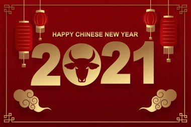 Mutlu Çin Yeni Yılı 2021, kırmızı arka planda öküzler. Vektör çizimi. Tebrik kartı