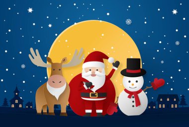 Noel tebrik kartı. Noel Baba, ren geyiği ve gece vakti kar yağışı olan kardan adam. Mutlu Noeller ve mutlu yıllar.