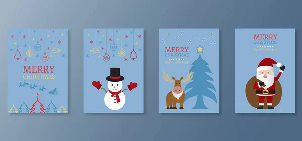 風景の森とかわいいサンタクラス ムースと雪だるまのセット メリークリスマスと幸せな新年 クリスマスグリーティングカード — ストックベクタ