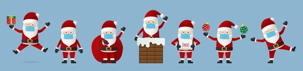 青の背景に隔離された異なる感情を持つサンタクラスの文字のコレクション ウイルスを防ぐためにフェイスマスクを身に着けているクリスマス漫画のキャラクター メリークリスマスと幸せな新年 — ストックベクタ