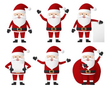 Beyaz arka planda izole edilmiş farklı duyguları olan Noel Baba karakterleri koleksiyonu. Mutlu Noeller ve mutlu yıllar.