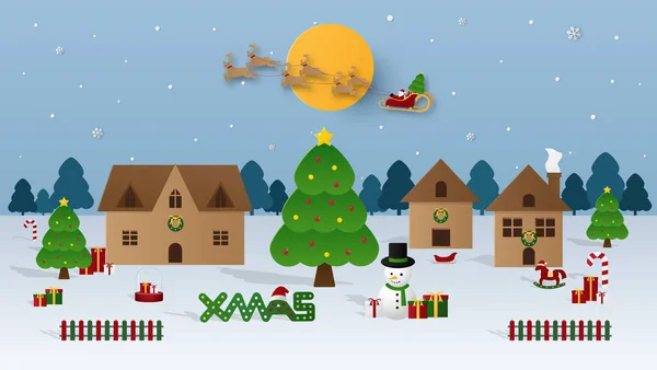 Santa Claus Obloze Přichází Město Vesnice Vánočním Stromem Noci Sněžením — Stockový vektor