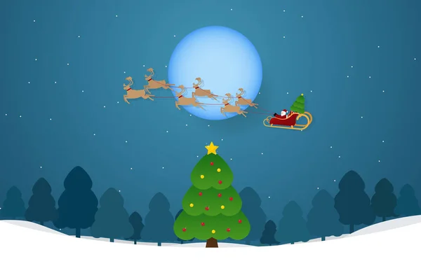 Санта Клаус Небе Грядущий Пейзажный Лес Рождественская Елка Золотая Звезда — стоковый вектор