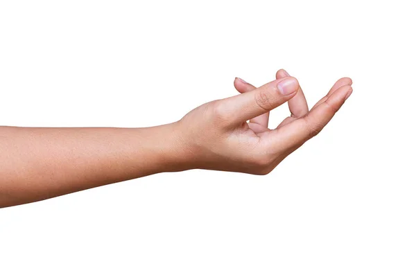 Mulher Mão Mostrar Segurando Algo Palma Mão Isolado Fundo Branco — Fotografia de Stock