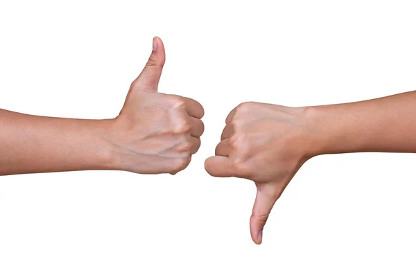 Kadın elleri, beyaz arka planda farklı el hareketleriyle baş parmak yukarı ve baş parmağını aşağı gösteriyor. Kırpma yolu dahil