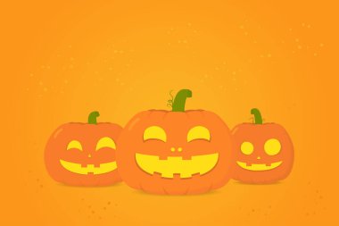 Turuncu arka planda balkabağı gülüşlü Cadılar Bayramı kabağı. Tebrik kartı ya da paket kağıdı. Cadılar Bayramı geçmişi. Vektör illüstrasyonu