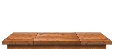 Boş ahşap masa üstü beyaz arkaplanda izole edilmiş. Ürün yerleştirme ya da ön plandaki masanın üstüne odaklı montaj için. Boş ahşap raf. raflar