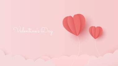 Sevgililer Günü afişi. Kırmızı kalpler bulutların üzerinde pembe arka planda uçan balonlar. Tebrik kartı. Kağıt kesiği ve zanaat stili çizimi