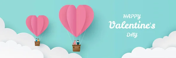 Sevgililer günün kutlu olsun. Genç çiftin bulutların üzerinde uçtuğu kalp balonları. Kağıt kesiği ve zanaat stili çizimi