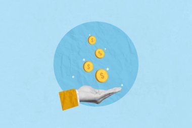 Yaratıcı sanat kolajı yatırım, faiz oranları, kar payları ve gelecekte tasarruf. Parayla el yukarıdan düşüyor.