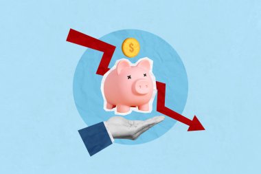 Düşen GSYİH, kriz ve enflasyon. El ele tutuşmanın yaratıcı sanat kolajı domuz kumbarası ve aşağı ok rezervlerin azaldığını gösteriyor, kötüleşen ekonomi, ekonomik durgunluk