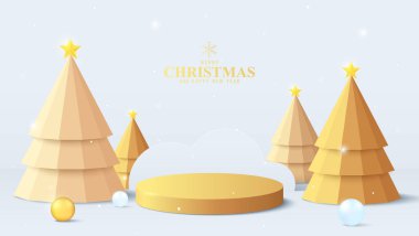 Sahnede en az Noel ağacı ve süs eşyası olan 3D Altın Podyum. Tatil ürünleri ya da reklam geçmişi için mükemmel