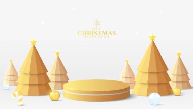 Sahnede en az Noel ağacı ve süs eşyası olan 3D Altın Podyum. Tatil ürünleri ya da reklam geçmişi için mükemmel
