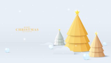 Sahnede en az Noel ağacı ve süs eşyası olan 3D Altın Podyum. Tatil ürünleri ya da reklam geçmişi için mükemmel