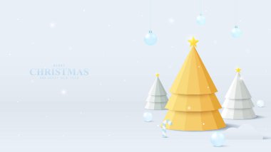 Mutlu noel afişleri ya da Noel ağacı ve dekorasyon toplarıyla dolu yeni yıl arkaplanı. Bayram için güzel bir illüstrasyon. Tebrik kartı, pankart ve mevsimlik tanıtım için mükemmel.