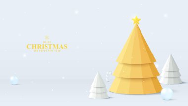 Mutlu noel afişleri ya da Noel ağacı ve dekorasyon toplarıyla dolu yeni yıl arkaplanı. Bayram için güzel bir illüstrasyon. Tebrik kartı, pankart ve mevsimlik tanıtım için mükemmel.