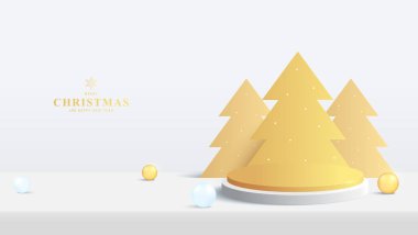 Üç boyutlu altın podyum. Minimum noel ağaçları, altın süsler ve şenlikli ışıklar. Tatil ürünleri ya da reklam geçmişi için mükemmel