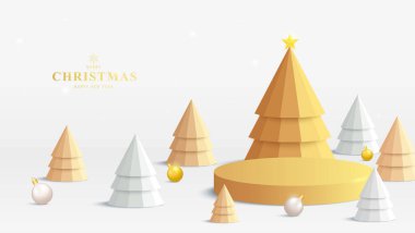 Üç boyutlu altın podyum. Minimum noel ağaçları, altın süsler ve şenlikli ışıklar. Tatil ürünleri ya da reklam geçmişi için mükemmel