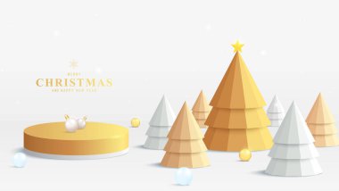 Üç boyutlu altın podyum. Minimum noel ağaçları, altın süsler ve şenlikli ışıklar. Tatil ürünleri ya da reklam geçmişi için mükemmel