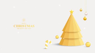 Yeni yıl arkaplanı ya da sahnede Noel ağacı ve süsleme baloları olan mutlu noel afişleri. Bayram için güzel bir illüstrasyon. Tebrik kartı, pankart ve mevsimlik tanıtım için mükemmel.