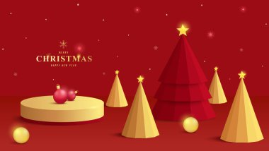 Üç boyutlu altın podyum, minimum Noel ağaçları, altın süsler ve kırmızı arka planda şenlik ışıkları. Tatil ürünleri veya reklamlar için mükemmel.