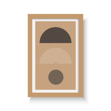 Resim çerçevesi. Beyaz zemin üzerinde eometrik resimler olan kahverengi ahşap çerçeve