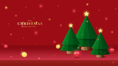 Noel ağacının, yıldızın, balonun ve süs eşyalarının olduğu mutlu noel afişleri. Ürün sergisi, stüdyo, model, vitrinler ve sergiler için mükemmel.