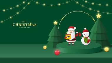 Mutlu Noeller afişi içinde şirin Noel Baba ve yeşil arka planda kardan adam karakteri olan Mutlu Yıllar kutlamaları. Vektör illüstrasyonu