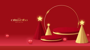 Kürsü Noel 'i. Kırmızı podyum ürün tanıtımı için Noel ağacı, top, yıldız ve süs sahnelenecek. Kırmızı arka planda ürün gösterimi yapın. Mutlu noeller.